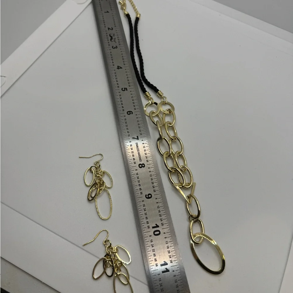 Vintage 90s Jonee Necklace and Earring Set Gold Tone Statement Dangle Black Rope